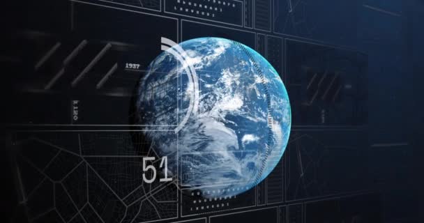 Animering Binära Koder Nummerändringar Laddningscirklar Och Navigeringsmönster Över Hela Världen — Stockvideo