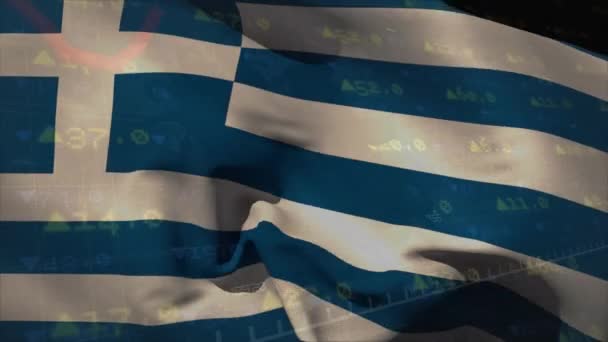 ギリシャの旗を振ることに対する株式市場のデータ処理のアニメーション 国家経済とビジネス技術のコンセプト — ストック動画