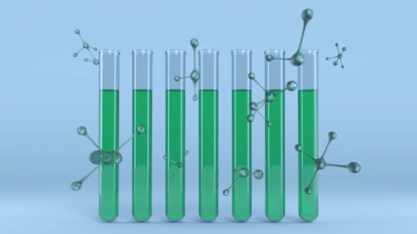 蓝色背景上的绿色液体填充试管和核苷酸的动画 数字合成 多重暴露 保健和技术概念 — 图库视频影像