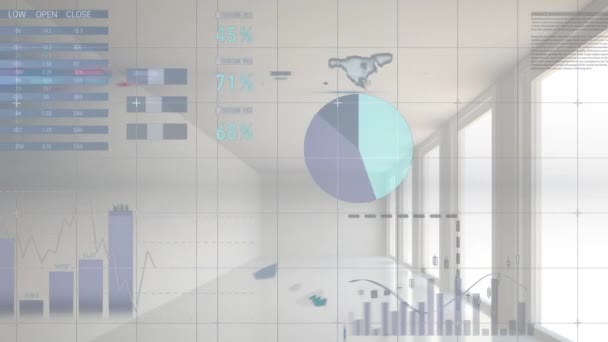 Statisztikai Adatfeldolgozás Animációja Rácshálózaton Keresztül Üres Irodafolyosóval Szemben Számítógépes Interfész — Stock videók