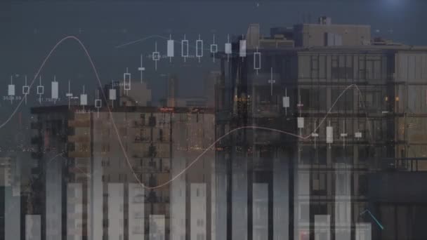 Animacja Wielu Wykresów Liczbami Nad Nowoczesnymi Budynkami Tle Nieba Kompozyt — Wideo stockowe