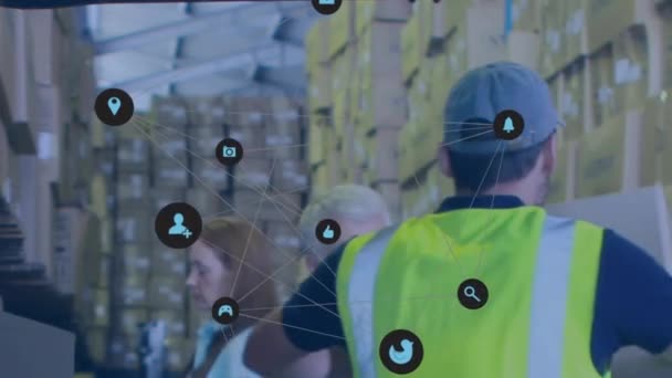 밴에서 코카서스 노동자 박스에 디지털 아이콘의 네트워크의 애니메이션 글로벌 네트워킹 — 비디오