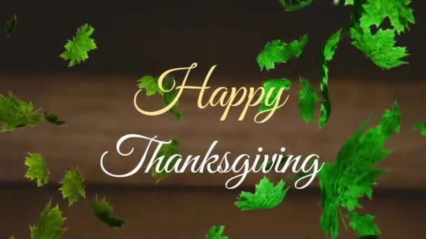 Animace Šťastného Díkůvzdání Textového Praporu Podzimního Listí Plovoucího Dřevěném Pozadí — Stock video