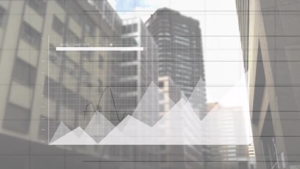 曇りの空の時間損失に対する近代的な建物の上に変化するグラフのアニメーション デジタル複合 複数の露出 レポート ビジネス アーキテクチャのコンセプト — ストック動画