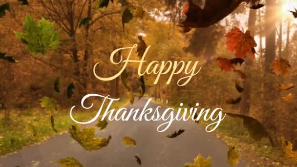 Animation Happy Thanksgiving Text Banner Autumn Leaves Falling Road Path — Stock Video