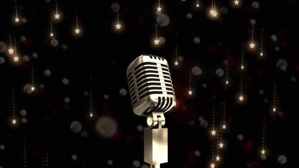 Animación Micrófono Sobre Estrellas Brillantes Manchas Luz Sobre Fondo Negro — Vídeos de Stock