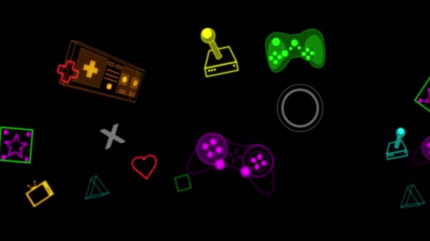 Animering Flera Neon Video Spel Controller Ikoner Mot Färg Fläck — Stockvideo