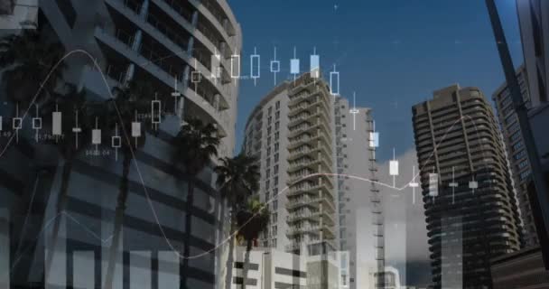 Animation Statistical Data Processing Low Angle View Tall Buildings Computer — Stock Video