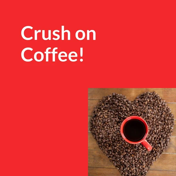 Drtit Kávu Text Červenou Režií Kávových Zrn Tvaru Srdce Červený — Stock fotografie