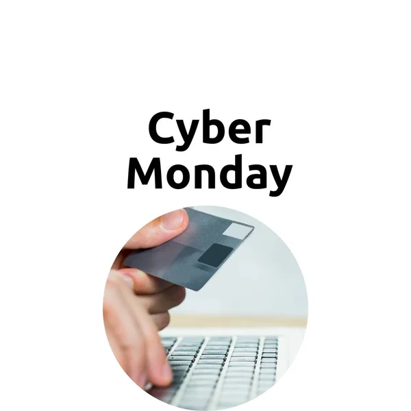 Cyber Monday Text Ahnds Caucasian Man Using Laptop Credit Card — Stock Photo, Image
