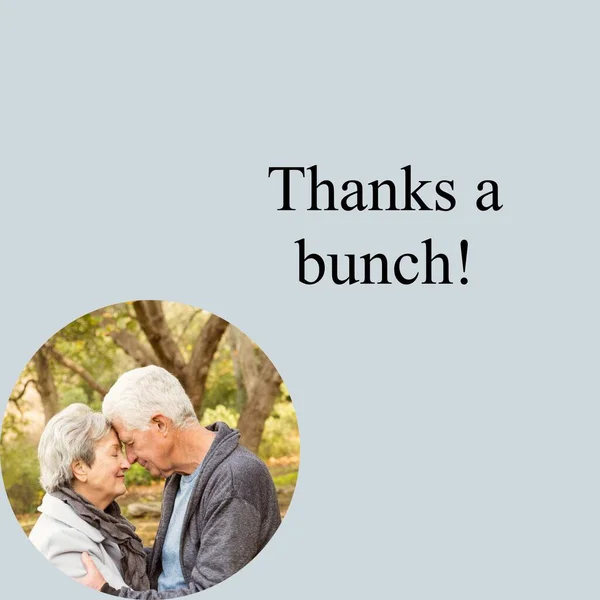 Thanks Bunch Text Thanksgiving Happy Senior Caucasian Couple Embracing Park — Stock Photo, Image