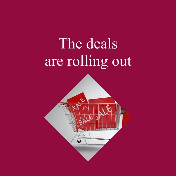 这些交易正在推出红色文字 购物车上装有销售袋 零售贸易 购物和商业促销概念数字生成的形象 — 图库照片