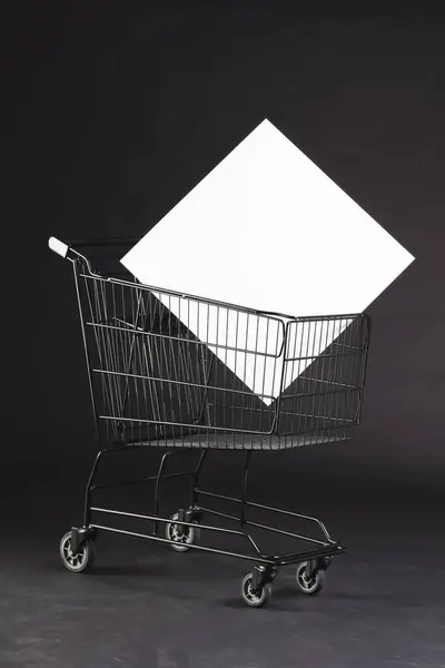 Vertical Image Shopping Trolley Blank Canvas Copy Space Black Background — Stock Photo, Image