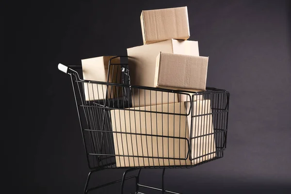 Shopping Trolley Boxes Copy Space Black Background Cyber Monday Black — Stock Photo, Image