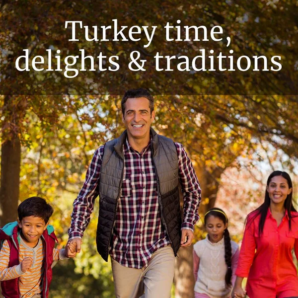 Turkey Time Delights Traditions Text Thanksgiving Biracial Family Park Thanksgiving — Stock Photo, Image