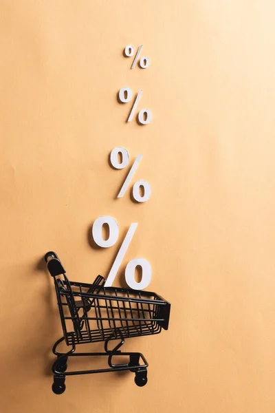 Shopping Trolley White Percent Signs Copy Space Yellow Background Black — Stock Photo, Image