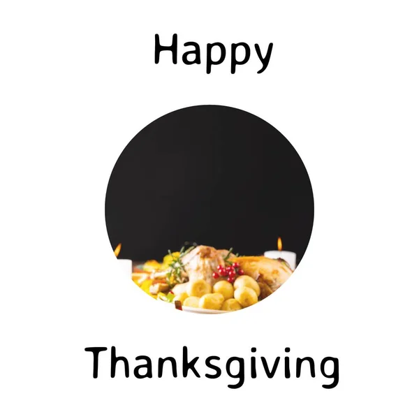 Happy thanksgiving text on white with thanksgiving roast turkey dinner on table. Thanksgiving, harvest festival, american tradition, family and autumn celebration digitally generated image.