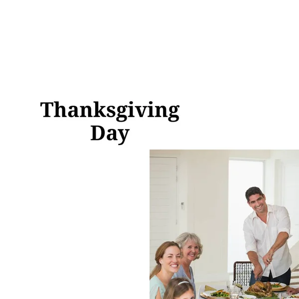 Thanksgiving day text on white with happy caucasian family at thanksgiving dinner table. Thanksgiving, harvest festival, american tradition, family and autumn celebration digitally generated image.