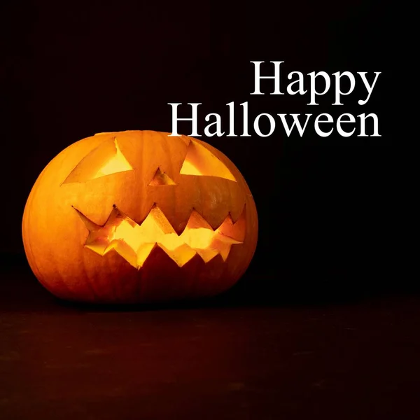 Šťastný Halloween Text Bílém Vyřezávaným Jack Lucerna Dýně Černém Pozadí — Stock fotografie