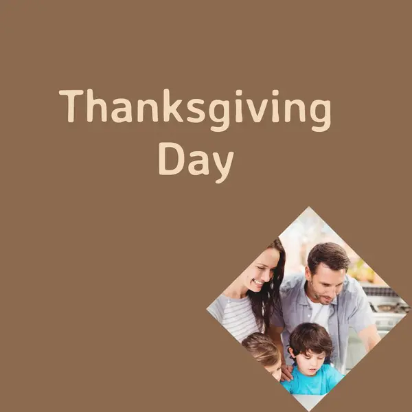 Thanksgiving day text on brown with happy caucasian family in kitchen. Thanksgiving, harvest festival, american tradition, family and autumn celebration digitally generated image.