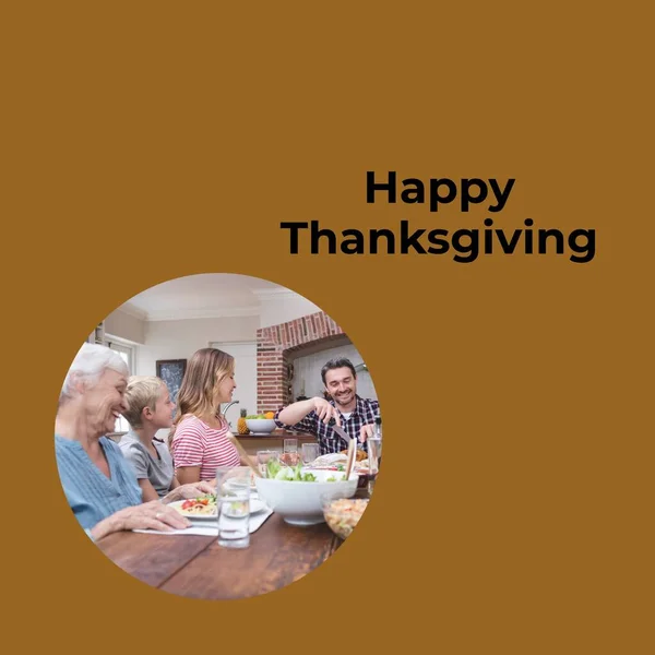 Happy thanksgiving text on brown with happy caucasian family at dinner table. Thanksgiving, harvest festival, american tradition, family and autumn celebration digitally generated image.