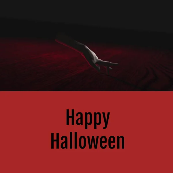 Joyeux Texte Halloween Sur Rouge Avec Main Caucasienne Fantomatique Coupée — Photo