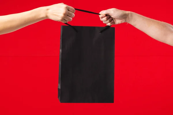 Hands Caucasian Women Holding Black Gift Bag Copy Space Red — Stock Photo, Image