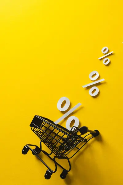 Shopping Trolley White Percent Signs Copy Space Yellow Background Black — Stock Photo, Image