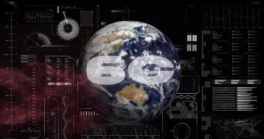6G metin, grafikler, yükleme çubukları, siyah arkaplandaki dalga deseni üzerinde dünya ile daireler animasyonu. Dijital olarak üretilmiş, telekomünikasyon, rapor, iş, ilerleme ve küreselleşme kavramı.
