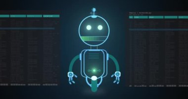 Sohbet robotu simgesi ve veri işleme animasyonu. Küresel yapay zeka, bağlantılar, ağlar, veri işleme ve dijital video arayüzü kavramı.