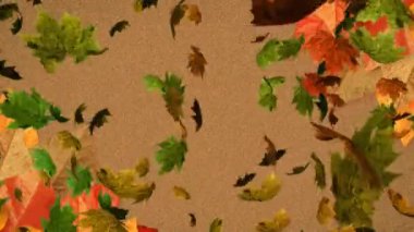 Kahverengi arkaplanda yüzen sonbahar yapraklarının animasyonu. Sonbahar ve sonbahar mevsimi konsepti