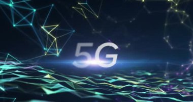 5G metin pankartı, bağlantılar ağı ve dijital dalgaların üzerindeki ışık noktasının animasyonu. Küresel ağ ve iş teknolojisi kavramı