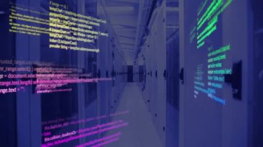 Veri sunucu odasında çok renkli bilgisayar dilinin animasyonu. Dijital bileşik, çoklu pozlama, kodlama, programlama dili, veri merkezi, ağ, teknoloji ve ağ sunucu kavramı.