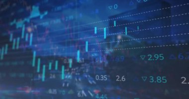 Borsa animasyonu, istatistiksel veri işleme gece şehir trafiğinin hava görüntüsüne karşı. Küresel ekonomi ve iş veri teknolojisi kavramı