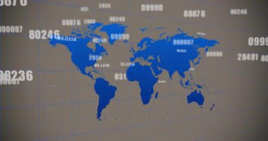 Animation of financial data processing over world map. Global business, finances, computing and data processing concept digitally generated video.