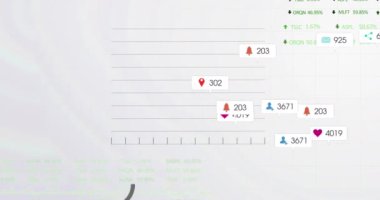 Tebligat çubukları, alım satım tahtaları, birden fazla grafik ve beyaz arkaplan üzerinde animasyon. Dijital olarak oluşturulmuş, hologram, illüstrasyon, sosyal medya anımsatıcı, rapor, büyüme ve iş konsepti.