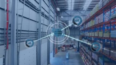 Animation of network of digital icons against aerial view of warehouse. Global networking and logistics business technology concept
