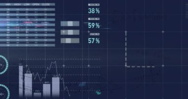 Mavi arka planda istatistiksel veri işleme animasyonu. Bilgisayar arayüzü ve iş veri teknolojisi kavramı