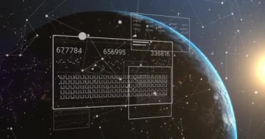 Grafiklerin animasyonu, değişen sayılar, kareler ve birbirine bağlı noktalar. Dijital olarak üretilen hologram, illüstrasyon, iletişim, rapor, iş dünyası, büyüme, ilerleme ve küreselleşme.