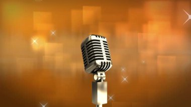 Parlayan yıldızların üzerinde mikrofon animasyonu ve turuncu arka planda kare şekiller. Müzik eğlence ve podcast konsepti