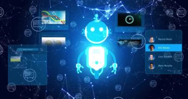 Sohbet robotu simgesi ve veri işleme animasyonu. Küresel yapay zeka, bağlantılar, ağlar, veri işleme ve dijital video arayüzü kavramı.