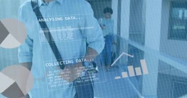 Ofis koridorunda yürüyen melez bir adamın istatistiksel veri işleme arayüzünün animasyonu. Bilgisayar arayüzü ve iş veri teknolojisi kavramı