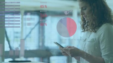 Ofiste akıllı telefon kullanan beyaz kadın hakkında istatistiksel veri işleme animasyonu. Bilgisayar arayüzü ve iş veri teknolojisi kavramı