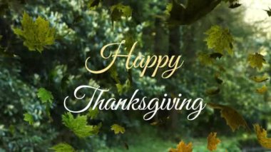 Mutlu şükran günü yazılı afişleri ve sonbahar yapraklarının parka düşüşü. Şükran Günü ve Sonbahar sezonu konsepti