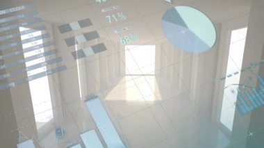 Boş ofis koridorlarına karşı şebeke üzerinden istatistiksel veri işleme animasyonu. Bilgisayar arayüzü ve iş veri teknolojisi kavramı