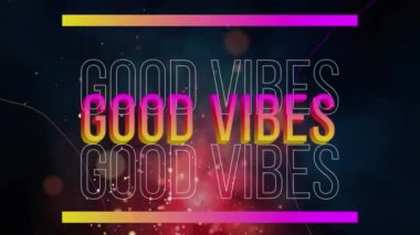 Objektifler arasındaki iyi titreşimli metinlerin animasyonu siyah arkaplandaki alevlerin üzerinde. Dijital olarak üretilen hologram, illüstrasyon, pozitiflik, his, titreşim ve duygu konsepti.