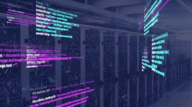 Sunucu odasındaki veri raflarının üzerinde bilgisayar dili ve devre kartı kalıplarının animasyonu. Dijital bileşik, çoklu pozlama, kodlama, programlama dili, veri merkezi, ağ, teknoloji.