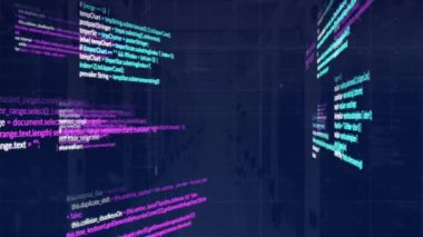 Veri sunucu odasında çok renkli bilgisayar dilinin animasyonu. Dijital bileşik, çoklu pozlama, kodlama, programlama dili, veri merkezi, ağ, teknoloji ve ağ sunucu kavramı.