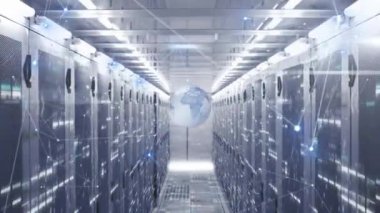 Sunucu odasındaki veri sunucu raflarındaki dönen ve birbirine bağlı noktaların animasyonu. Dijital bileşik, çoklu pozlama, iletişim, küreselleşme, veri merkezi, ağ, teknoloji.