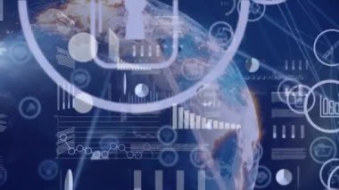 Dönen küreye karşı istatistiksel veri işleme ve dijital simge ağının animasyonu. Küresel ağ ve iş veri teknolojisi kavramı